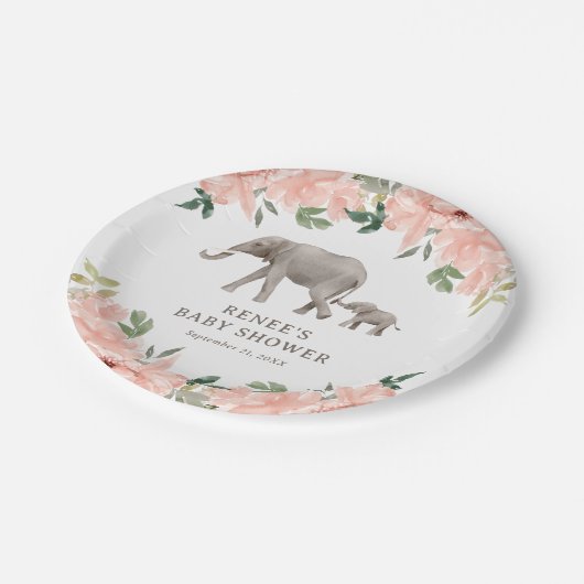 Roze Bloemen Olifant Meisje Baby shower Papieren Bordje (Gekanteld)