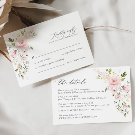 Roze Bloemen Olijf Bruiloft Details Behuizing Kaar Informatiekaartje