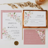 Roze Bloemen Olijf Bruiloft Details Behuizing Kaar Informatiekaartje