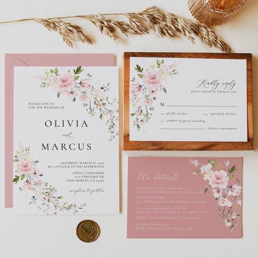 Roze Bloemen Olijf Bruiloft Details Behuizing Kaar Informatiekaartje