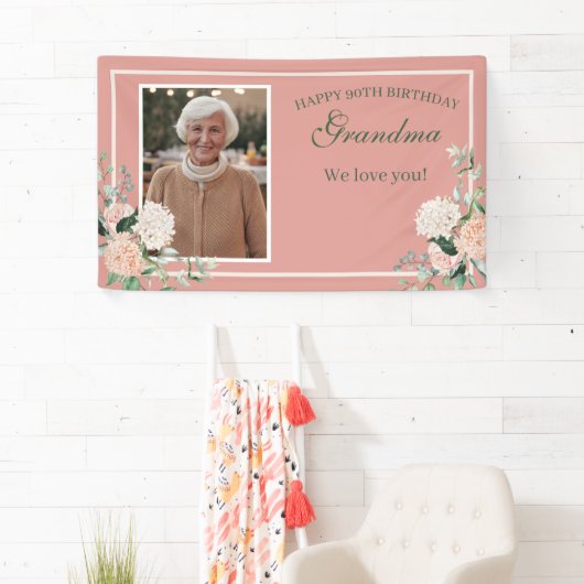 Roze Bloemen Oma 90ste verjaardag Spandoek (Insitu)