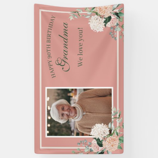 Roze Bloemen Oma 90ste verjaardag Spandoek (Verticaal)