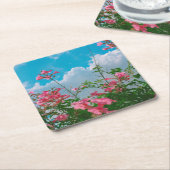 Roze Bloemen Onder Blauwe Hemel Met Wolken - Natuu Kartonnen Onderzetters (Schuin)