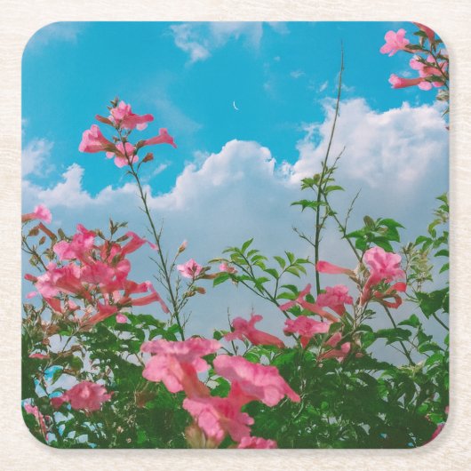 Roze Bloemen Onder Blauwe Hemel Met Wolken - Natuu Kartonnen Onderzetters (Voorkant)