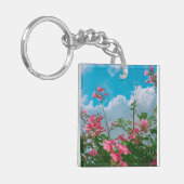 Roze Bloemen Onder Blauwe Hemel Met Wolken - Natuu Sleutelhanger (Voorkant Links)