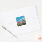 Roze Bloemen Onder Blauwe Hemel Met Wolken - Natuu Vierkante Sticker (Envelop)