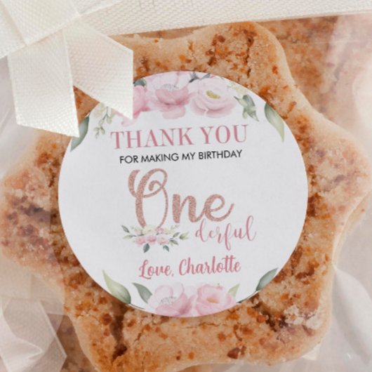 Roze Bloemen Onederful Labels Verjaardag Baby show