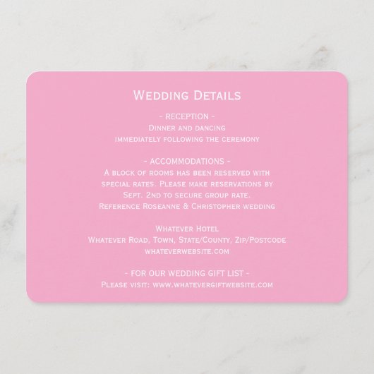 Roze Bloemen Ontwerp Wedding Informatiekaartje (Achterkant)