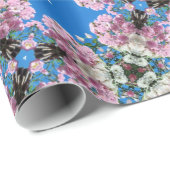 Roze bloemen op blauw achtergrondpapier cadeaupapier (Rol Hoek)