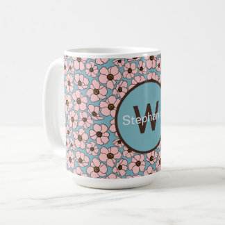 Roze Bloemen Op Blauw Met Monogram Koffiemok