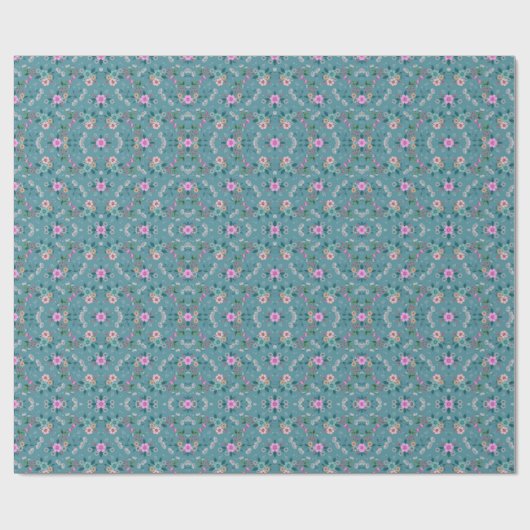 Roze Bloemen op Blauw patroon Cadeaupapier (Vlak)