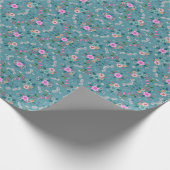 Roze Bloemen op Blauw patroon Cadeaupapier (Hoek)