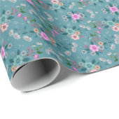 Roze Bloemen op Blauw patroon Cadeaupapier (Rol Hoek)