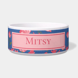 roze bloemen op blauwe Pet Bowl Voerbakje