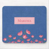 roze bloemen op blauwe Waterverf Muismat (Voorkant)