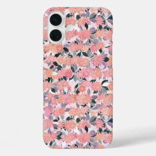 Roze bloemen op de achtergrond van zilverbladeren iPhone 16 plus hoesje