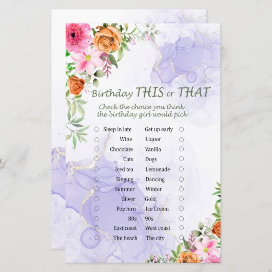 Roze bloemen op een dag dit of dat spel (Voorkant / Achterkant)