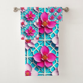 Roze Bloemen op een Geometrische Blauwe Achtergron Bad Handdoek