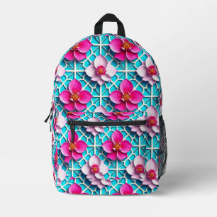 Roze bloemen op een geometrische blauwe achtergron bedrukte rugzak