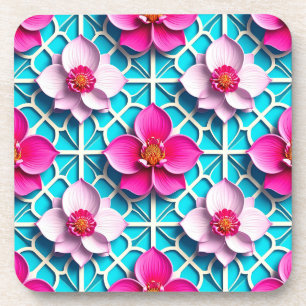 Roze bloemen op een geometrische blauwe achtergron bier onderzetter