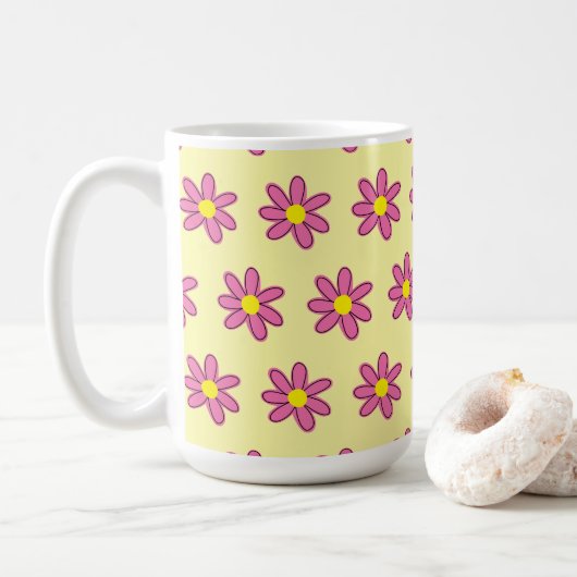 Roze bloemen op gele koffie Mok (Met donut)