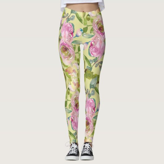 Roze bloemen op gele Leggings (Voorkant)