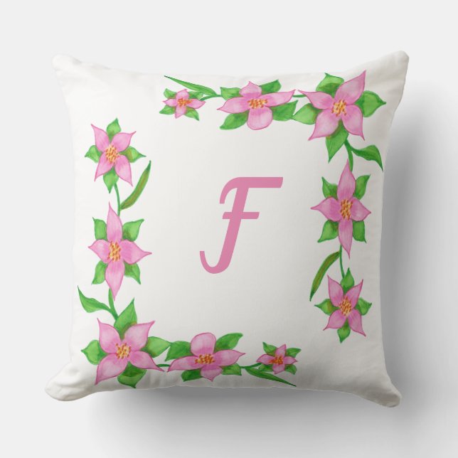 Roze Bloemen op Green Vine Monogram Kussens (Voorkant)
