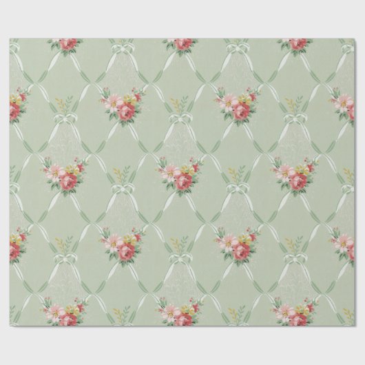 Roze  bloemen op groene lint Trellis Cadeaupapier (Vlak)