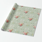 Roze  bloemen op groene lint Trellis Cadeaupapier (Uitgerold)