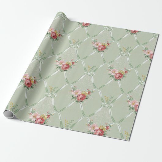 Roze  bloemen op groene lint Trellis Cadeaupapier (Uitgerold)