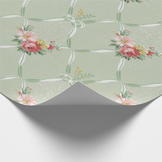 Roze  bloemen op groene lint Trellis Cadeaupapier (Hoek)