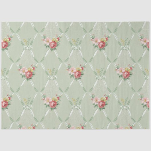 Roze bloemen op groene lint Trellis Tissu Tissuepapier (Voorkant)