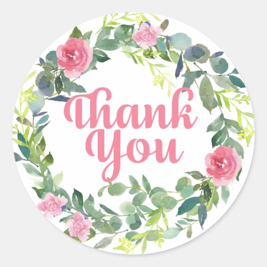 Roze bloemen op krans dank u ronde sticker (Voorkant)