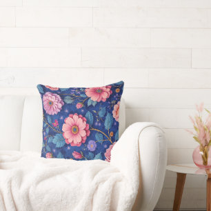 Roze bloemen op levendig blauw patroon kussen