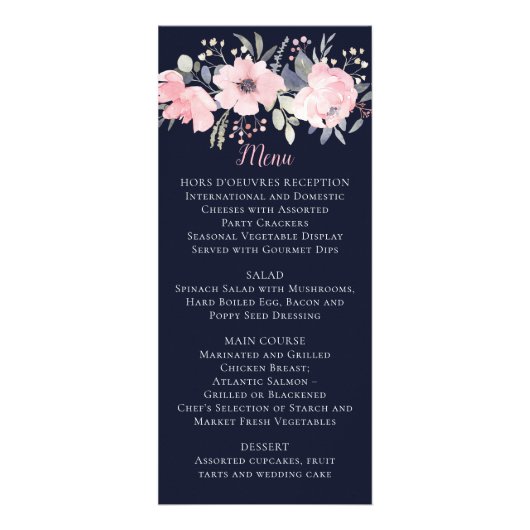 Roze bloemen op marineblauwe trouw | Menu (Voorkant)