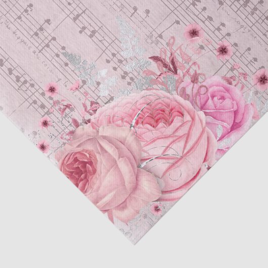 Roze bloemen op  muziekblad tissuepapier (Detail)