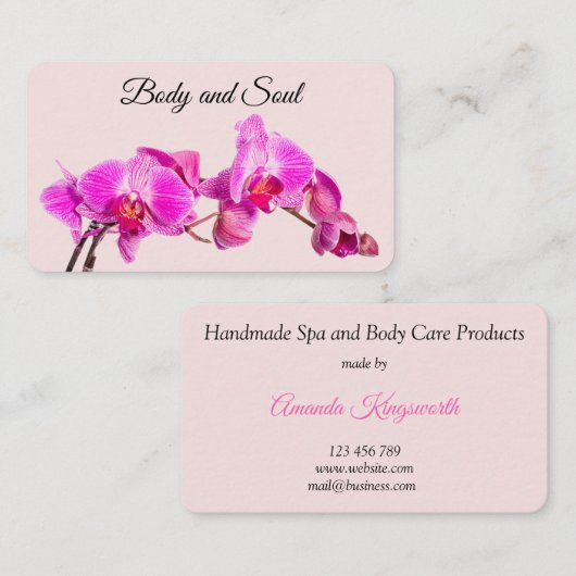 Roze bloemen op roos handgemaakte spa en lichaamsp visitekaartje (Voorkant / Achterkant)