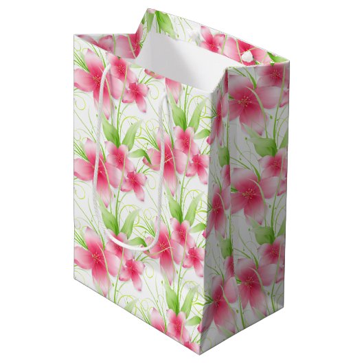 Roze bloemen op wit medium cadeauzakje (Voorkant Gekanteld)