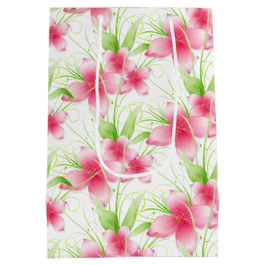 Roze bloemen op wit medium cadeauzakje (Achterkant)