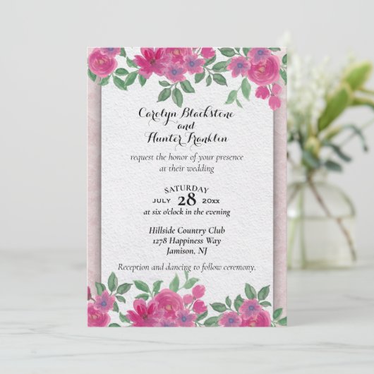 Roze Bloemen op Wit & Roze Bruiloft Kaart (Staand voorkant)