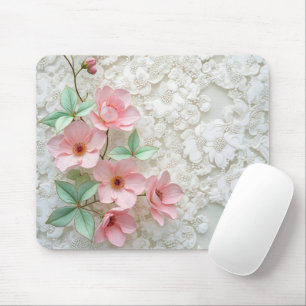 Roze bloemen op witte bruidskant muismat