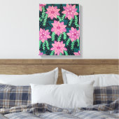 Roze bloemen op zwart canvas afdruk (Insitu (Slaapkamer))