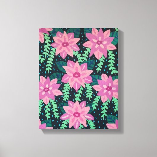 Roze bloemen op zwart canvas afdruk (Voorkant)