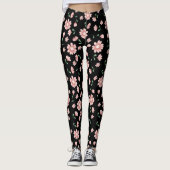 roze bloemen op zwart leggings (Voorkant)