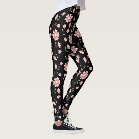 roze bloemen op zwart leggings (Rechts)