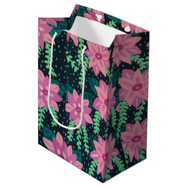 Roze bloemen op zwart medium cadeauzakje