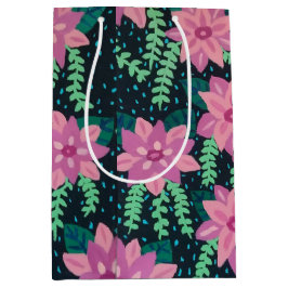 Roze bloemen op zwart medium cadeauzakje