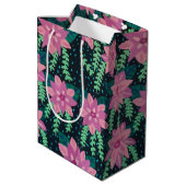 Roze bloemen op zwart medium cadeauzakje (Achterkant Gekanteld)