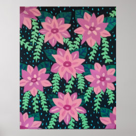 Roze bloemen op zwart poster