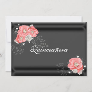 Roze bloemen op zwart, Quinceañera, 15e verjaardag Kaart